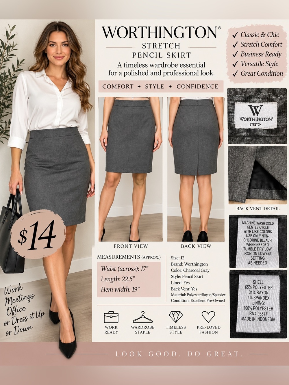 Worthington Charcoal Gray Midi Pencil Skirt